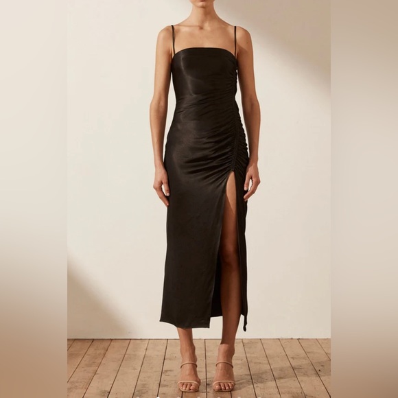 NWT - Shona Joy - THALIA BIAS RUCHED MIDI DRESS - BLACK - Size 4 - Picture 3 of 5